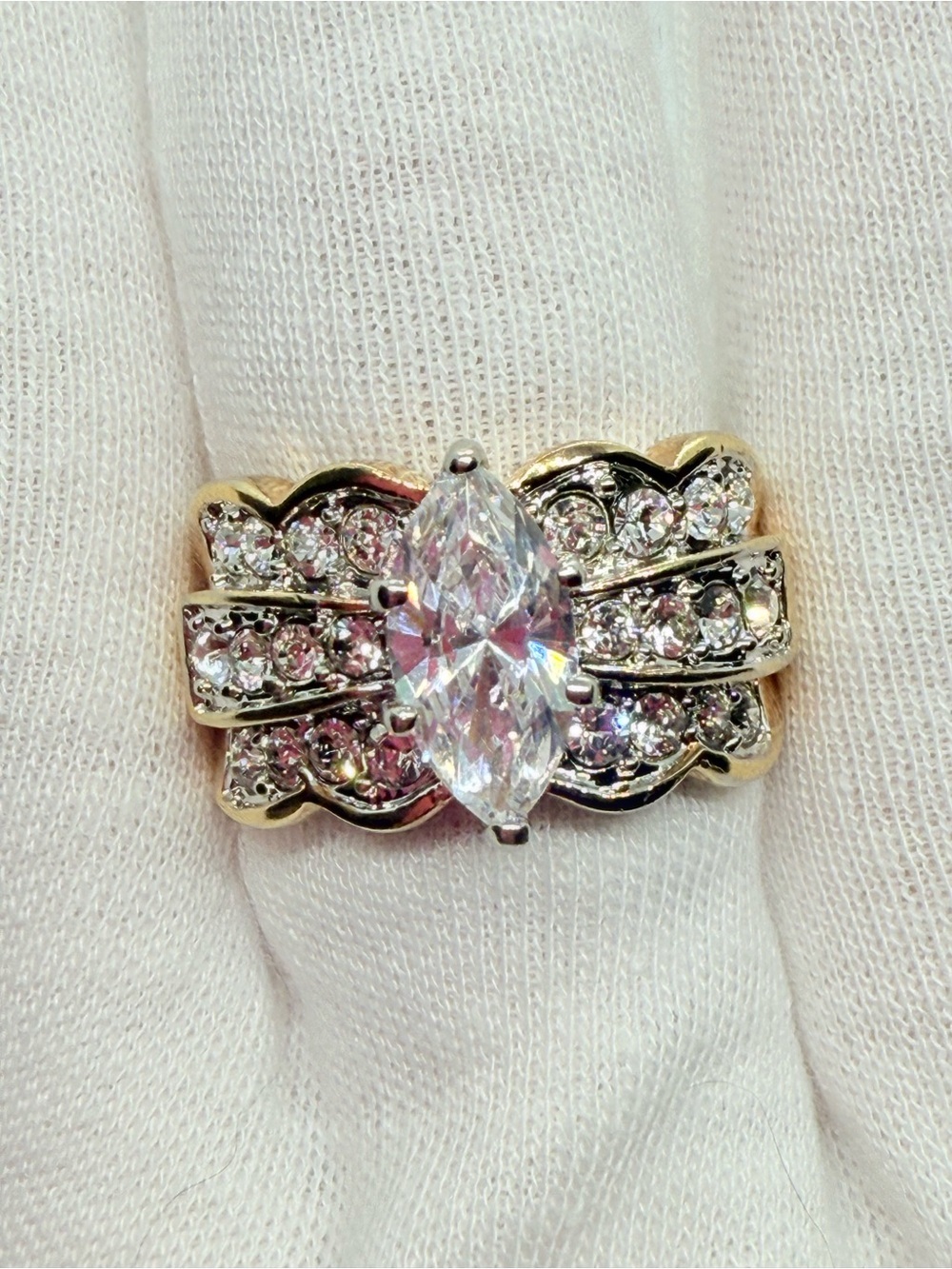 Vintage 18k Gold Vermeil Cubic Zirconia Statement Ring Sz: 7-3/4